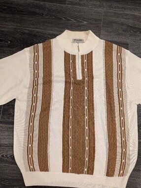 Stacy Adams Cream and Brown Striped Zip-Neck Crewneck Sweater